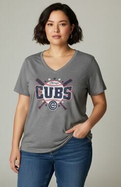 MLB Women's Chicago Cubs 5th & Ocean Gray V-Neck T-Shirt Plus Size XXLarge